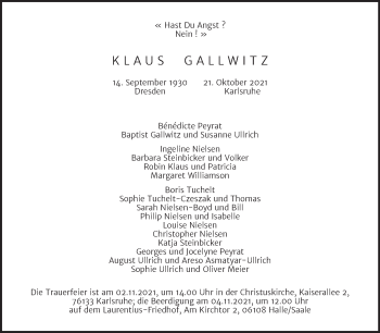 Traueranzeige von Klaus Gallwitz von Mitteldeutsche Zeitung Halle/Saalkreis