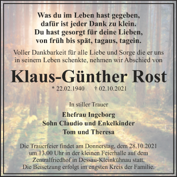 Traueranzeige von Klaus-Günther Rost von Trauerkombi Dessau