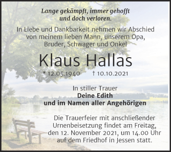 Traueranzeige von Klaus Hallas von Trauerkombi Wittenberg
