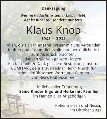 Traueranzeige von Klaus Knop von Trauerkombi Weißenfels