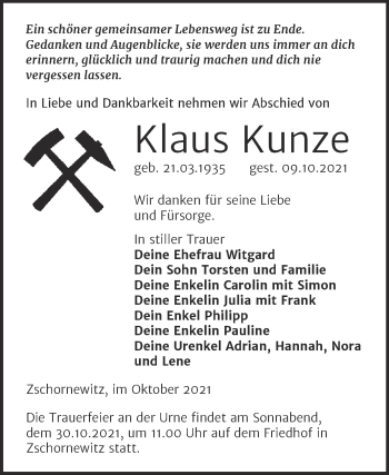 Traueranzeige von Klaus Kunze von Trauerkombi Wittenberg