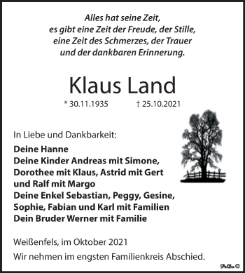 Traueranzeige von Klaus Land von Trauerkombi Weißenfels