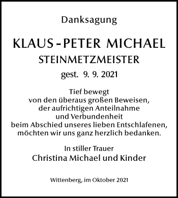 Traueranzeige von Klaus-Peter Michael von Trauerkombi Wittenberg