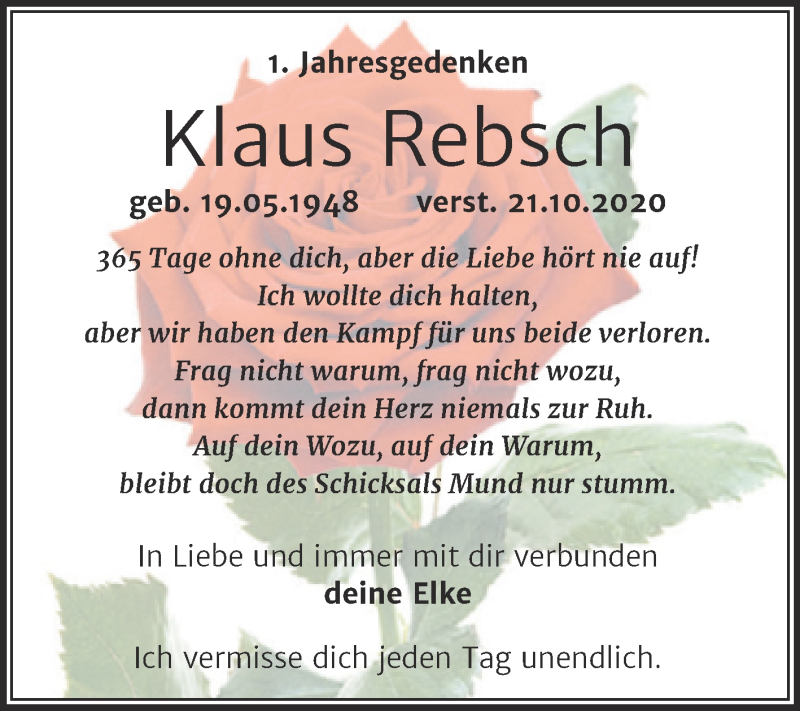 Traueranzeige für Klaus Rebsch vom 21.10.2021 aus Mitteldeutsche Zeitung Halle/Saalkreis