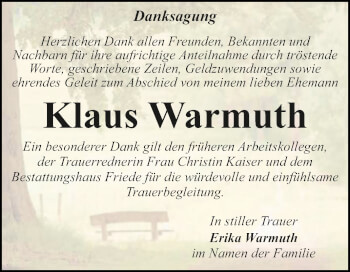 Traueranzeige von Klaus Warmuth von Trauerkombi Dessau