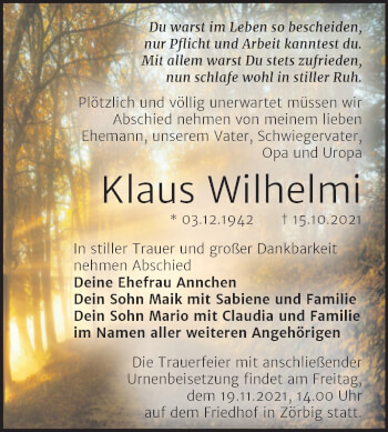 Traueranzeige von Klaus Wilhelmi von Trauerkombi Bitterfeld
