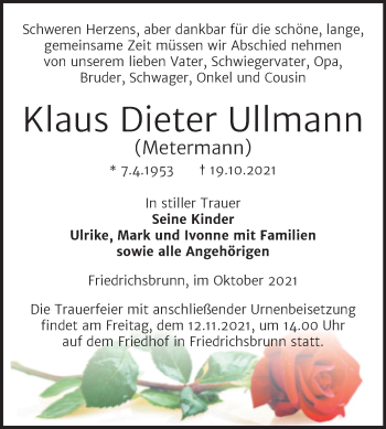 Traueranzeige von Klaus Dieter Ullmann von Trauerkombi Quedlinburg