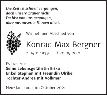 Traueranzeige von Konrad Max Bergner von Wochenspiegel Naumburg/Nebra