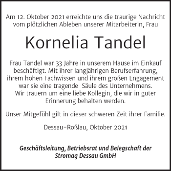 Traueranzeige von Kornelia Tandel von Mitteldeutsche Zeitung Dessau-Roßlau