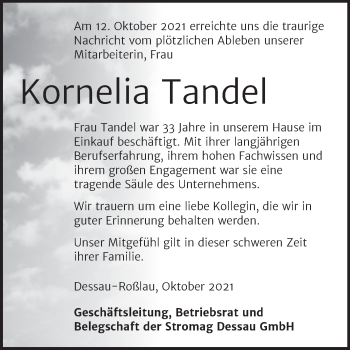 Traueranzeige von Kornelia Tandel von Super Sonntag Dessau-Roßlau