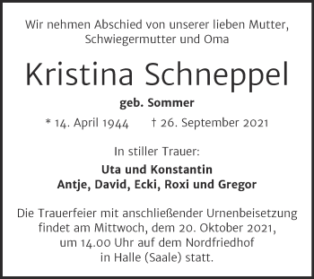 Traueranzeige von Kristina Schneppel von Mitteldeutsche Zeitung Halle/Saalkreis