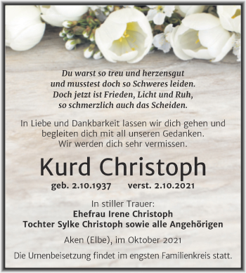 Traueranzeige von Kurd Christoph von Trauerkombi Köthen