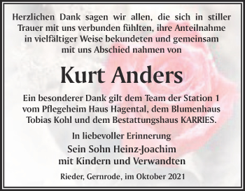 Traueranzeige von Kurt Anders von Trauerkombi Quedlinburg