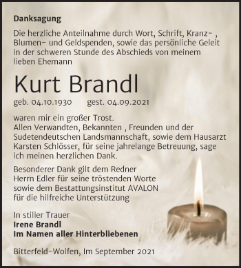 Traueranzeige von Kurt Brandl von Trauerkombi Bitterfeld