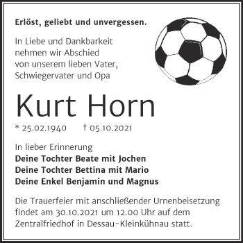 Traueranzeige von Kurt Horn von Trauerkombi Dessau