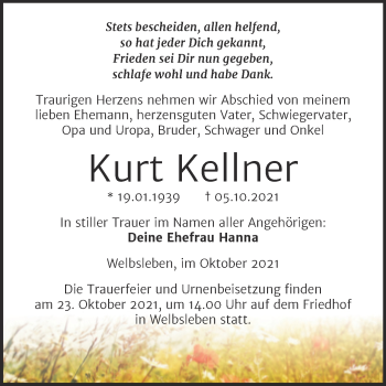 Traueranzeige von Kurt Kellner von Trauerkombi Mansfelder Land