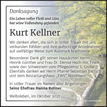 Traueranzeige von Kurt Kellner von Trauerkombi Mansfelder Land