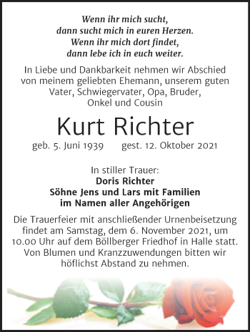 Traueranzeige von Kurt Richter von Mitteldeutsche Zeitung Halle/Saalkreis