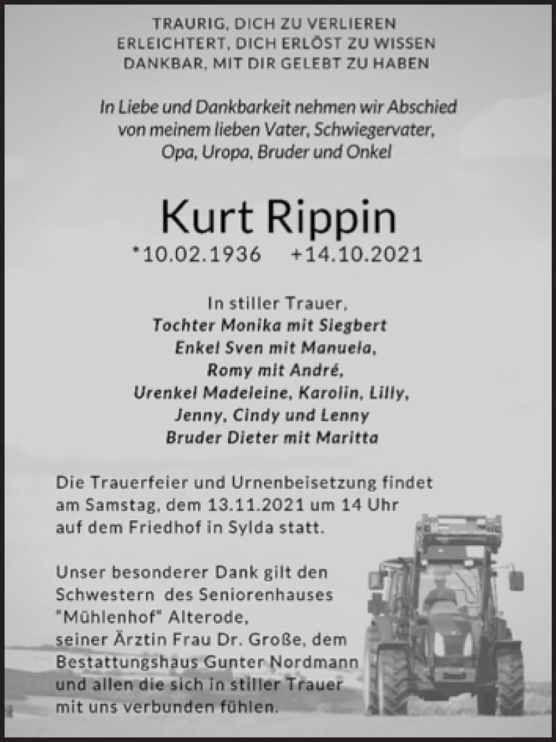  Traueranzeige für Kurt Rippin vom 23.10.2021 aus Trauerkombi Mansfelder Land
