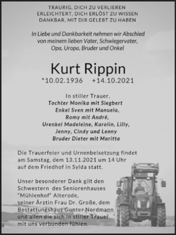 Traueranzeige von Kurt Rippin von Trauerkombi Mansfelder Land