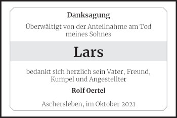 Traueranzeige von Lars  von Trauerkombi Aschersleben