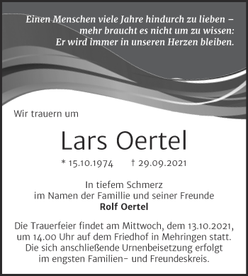 Traueranzeige von Lars Oertel von Trauerkombi Aschersleben