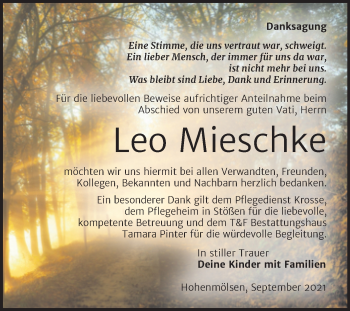 Traueranzeige von Leo Mieschke von Trauerkombi Weißenfels