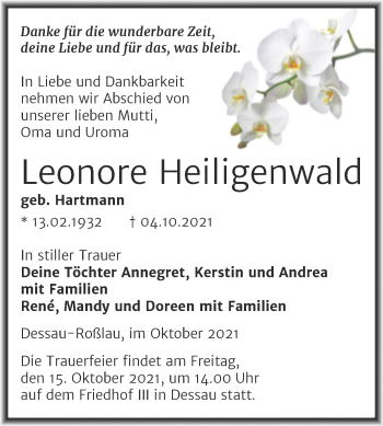 Traueranzeige von Leonore Heiligenwald von Trauerkombi Dessau