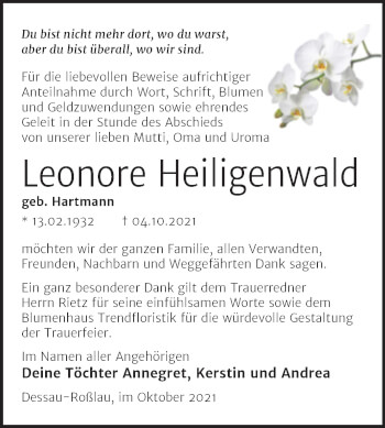 Traueranzeige von Leonore Heiligenwald von Trauerkombi Dessau