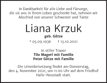 Traueranzeige von Liana Krzuk von Mitteldeutsche Zeitung Halle/Saalkreis