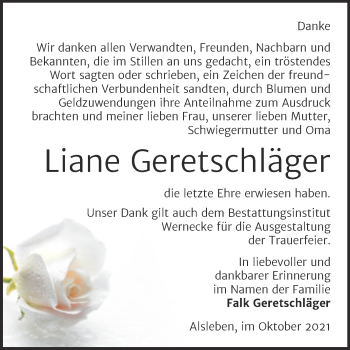 Traueranzeige von Liane Geretschläger von Trauerkombi Bernburg