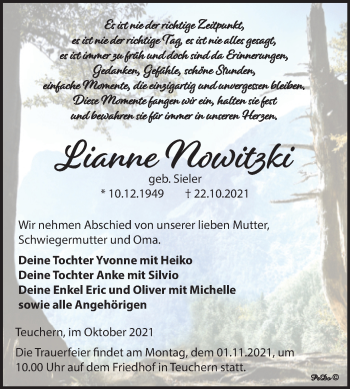 Traueranzeige von Lianne Nowitzki von Trauerkombi Weißenfels