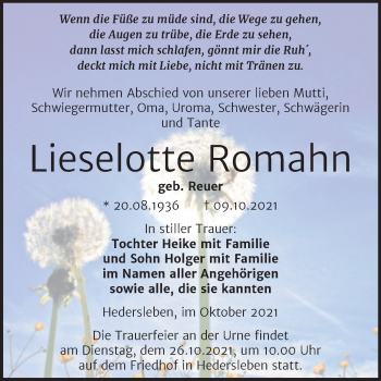 Traueranzeige von Lieselotte Romahn von Trauerkombi Mansfelder Land
