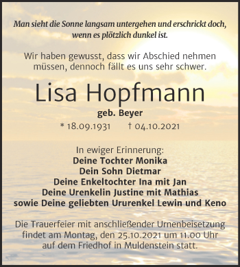 Traueranzeige von Lisa Hopfmann von Trauerkombi Bitterfeld