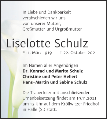 Traueranzeige von Liselotte Schulz von Mitteldeutsche Zeitung Halle/Saalkreis