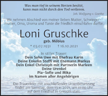 Traueranzeige von Loni Gruschke von Trauerkombi Bitterfeld