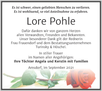 Traueranzeige von Lore Pohle von Trauerkombi Mansfelder Land