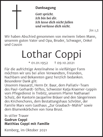 Traueranzeige von Lothar Coppi von Trauerkombi Wittenberg