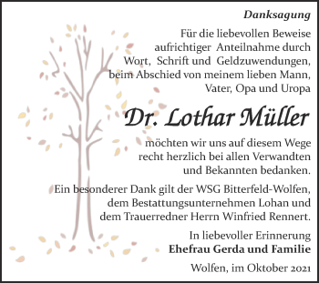 Traueranzeige von Lothar Müller von Trauerkombi Bitterfeld