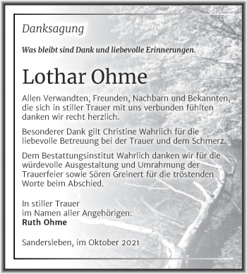Traueranzeige von Lothar Ohme von Trauerkombi Mansfelder Land