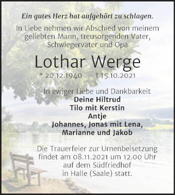 Traueranzeige von Lothar Werge von Mitteldeutsche Zeitung Halle/Saalkreis