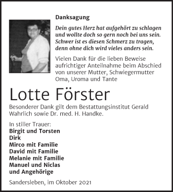 Traueranzeige von Lotte Förster von Trauerkombi Mansfelder Land