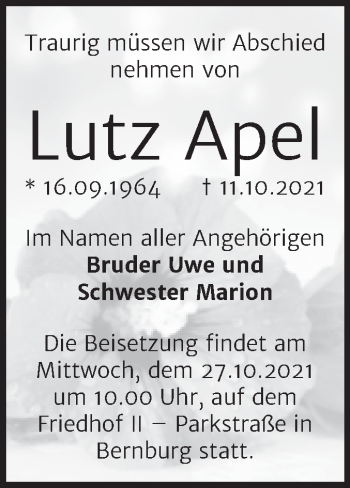 Traueranzeige von Lutz Apel von Trauerkombi Bernburg