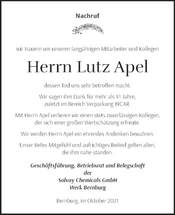Traueranzeige von Lutz Apel von Mitteldeutsche Zeitung Salzlandkreis