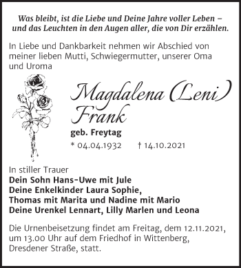 Traueranzeige von Magdalena Frank von Trauerkombi Wittenberg