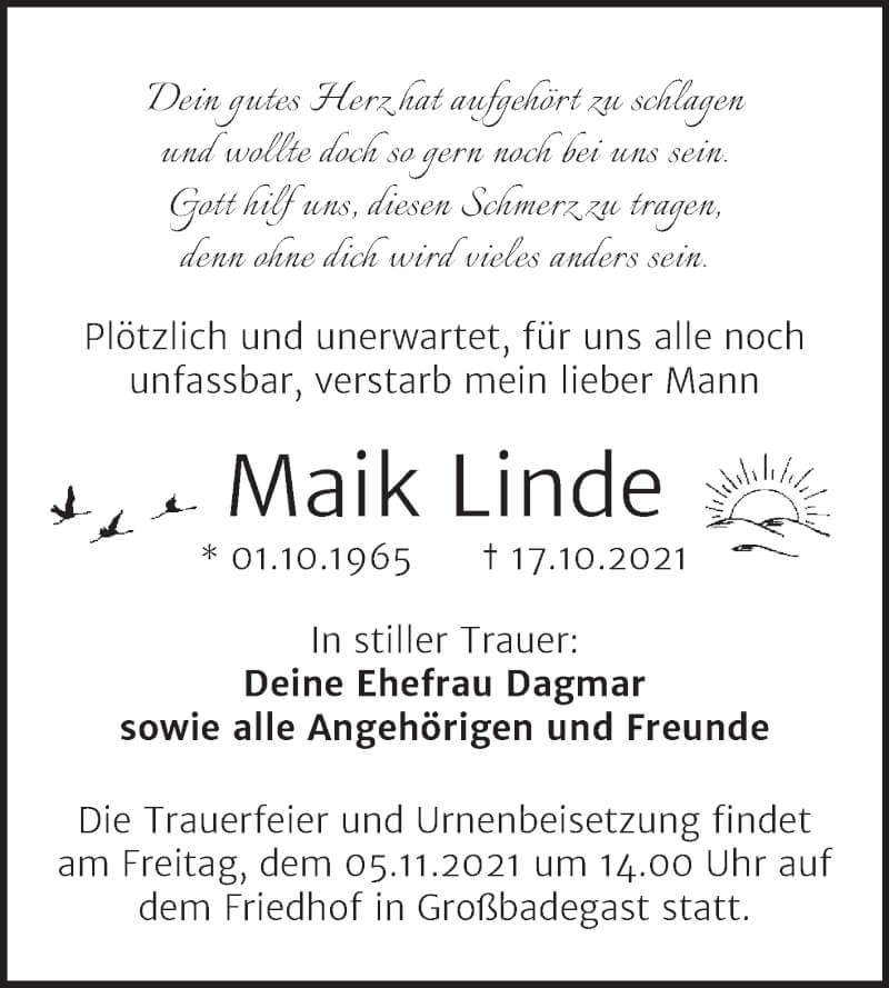  Traueranzeige für Maik Linde vom 23.10.2021 aus Trauerkombi Köthen