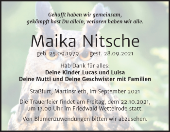 Traueranzeige von Maika Nitsche von Trauerkombi Sangerhausen