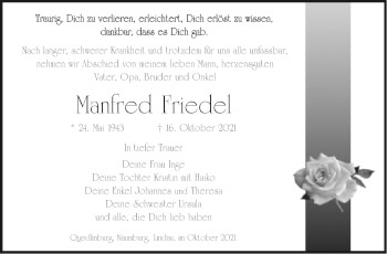 Traueranzeige von Manfred Friedel von Trauerkombi Quedlinburg