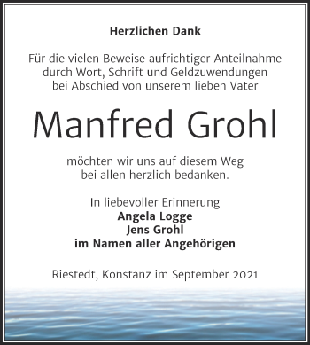 Traueranzeige von Manfred Grohl von Trauerkombi Sangerhausen