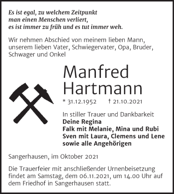 Traueranzeige von Manfred Hartmann von Trauerkombi Sangerhausen